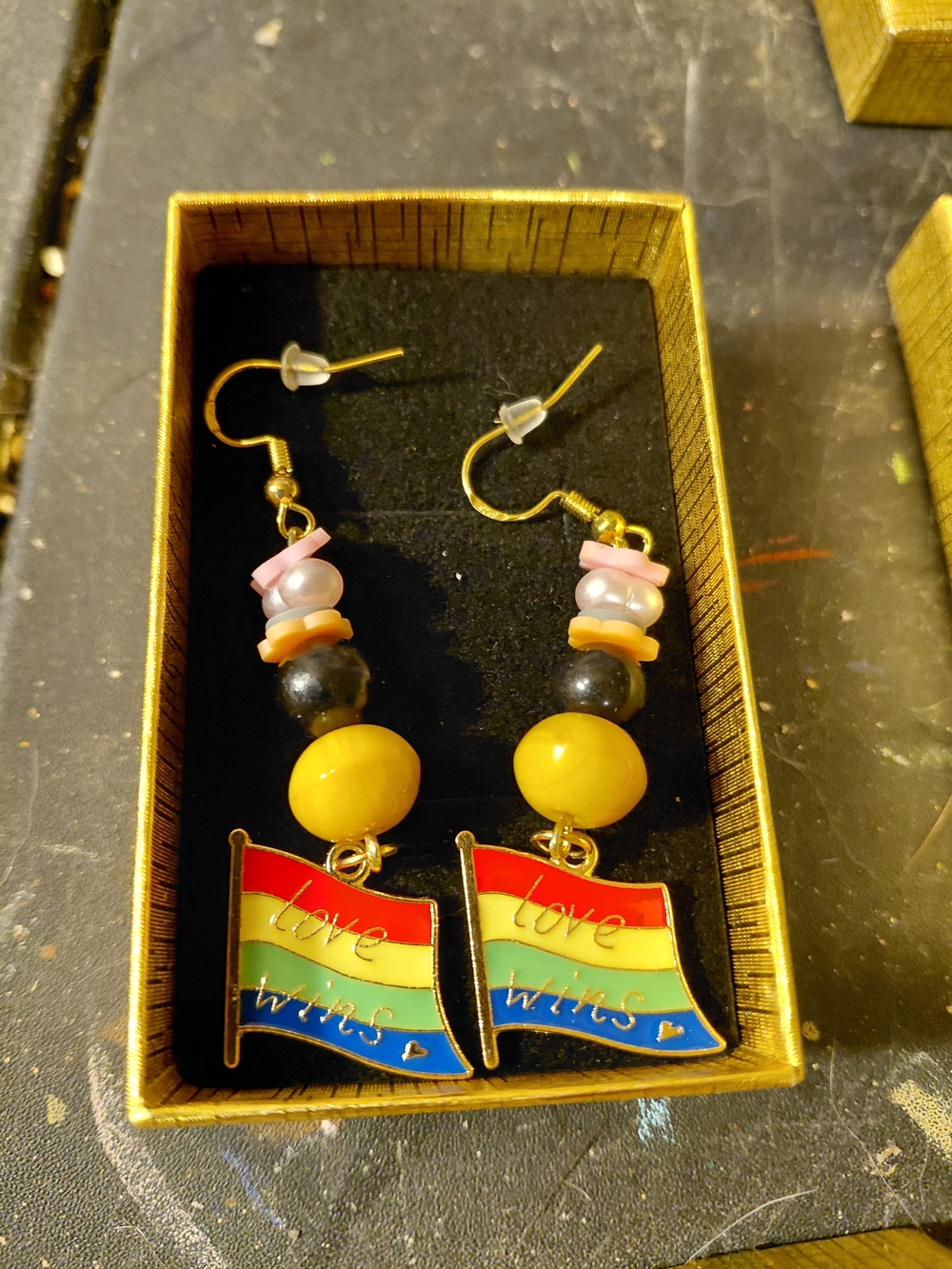 Love Wins Rainbow Flag Dangle Earrings with Yellow Beads